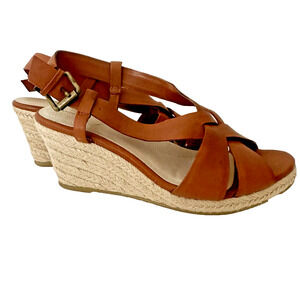 Lands End Trista Mid Wedge Leather Slingback Espadrilles Dark Pecan Brown, 7.5W